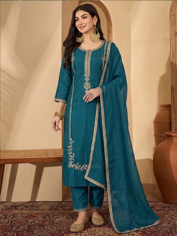 Teal_Embroidered_Straight_Salwar_Suit_Set_For_Women