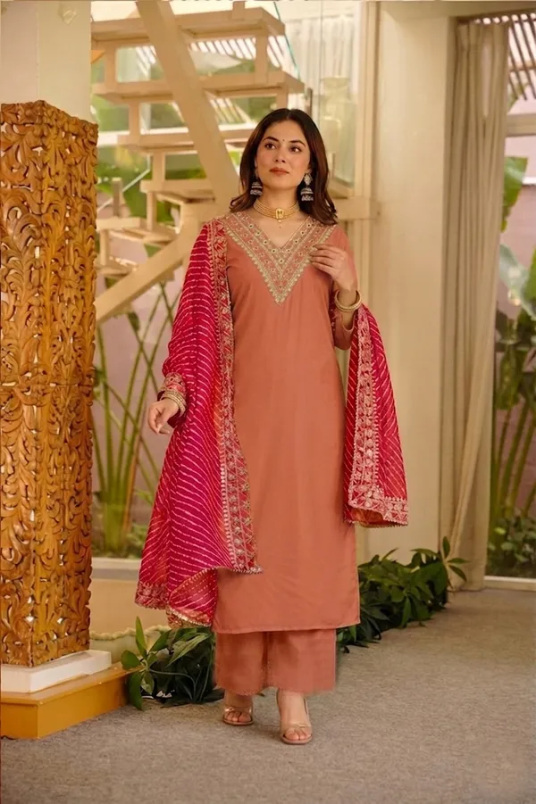 Peach_Embroidered_Straight_Kurta_Set_For_Women