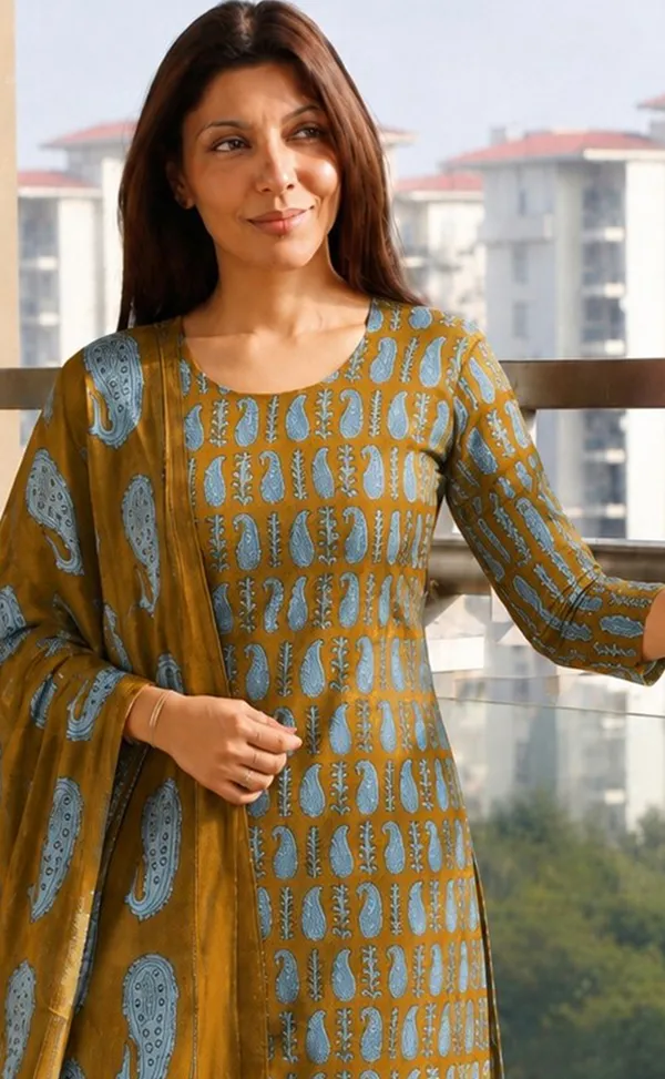Mustard_Printed_Straight_Kurta_Set_For_Women
