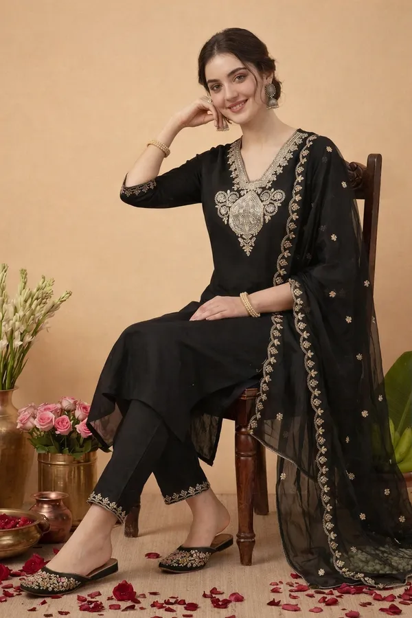 Black_Embroidered_Straight_Kurta_Set_For_Women