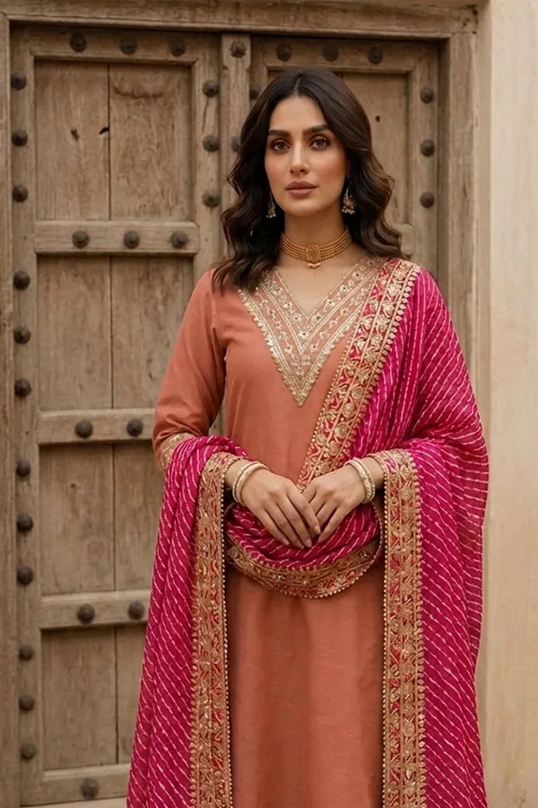Peach_Embroidered_Straight_Kurta_Set_For_Women