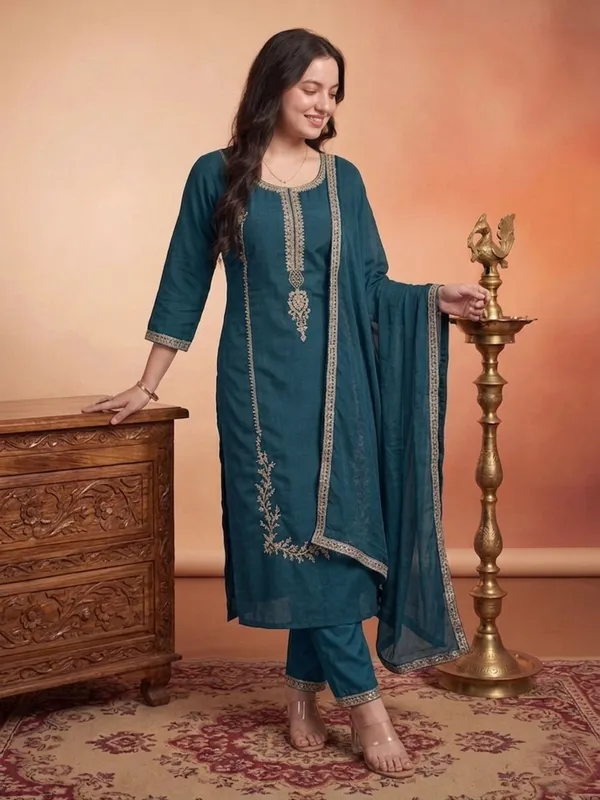 Teal_Embroidered_Straight_Salwar_Suit_Set_For_Women