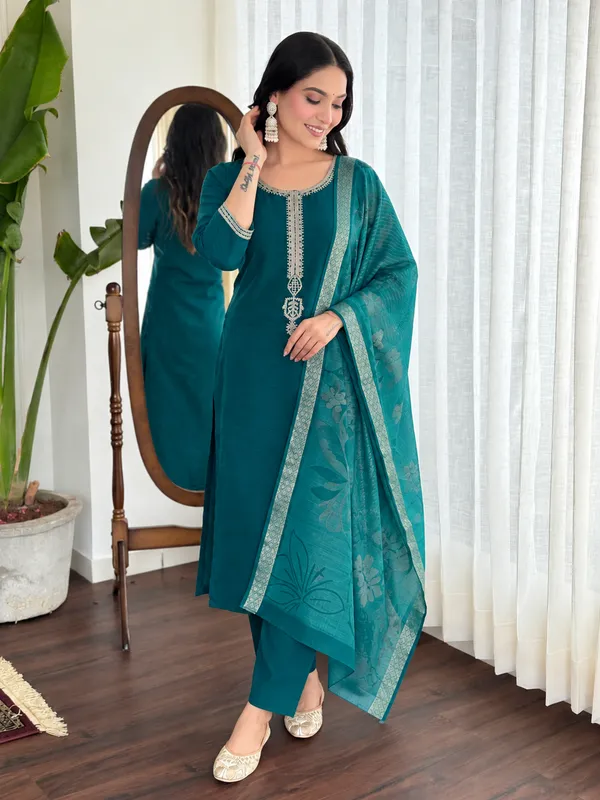 Teal_Embroidered_Straight_Kurta_Set_For_Women