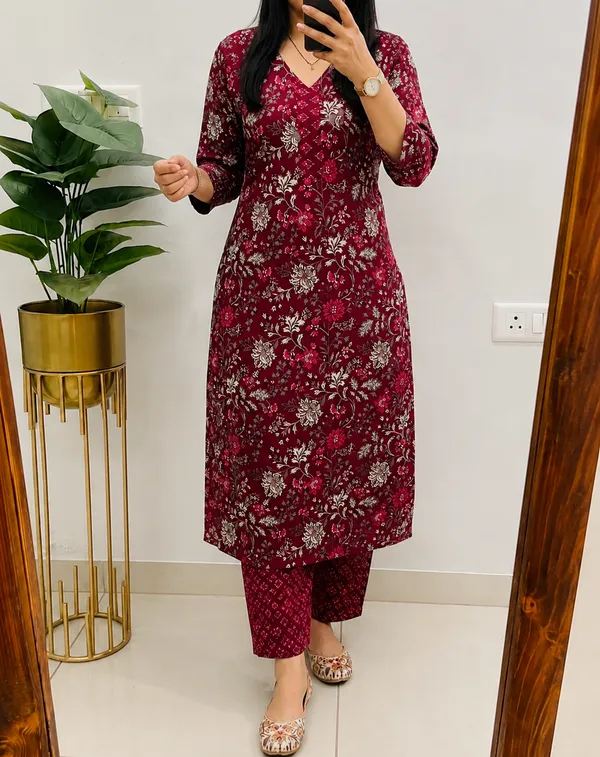 Maroon_Floral_Printed_Straight_Kurta_Set_For_Women