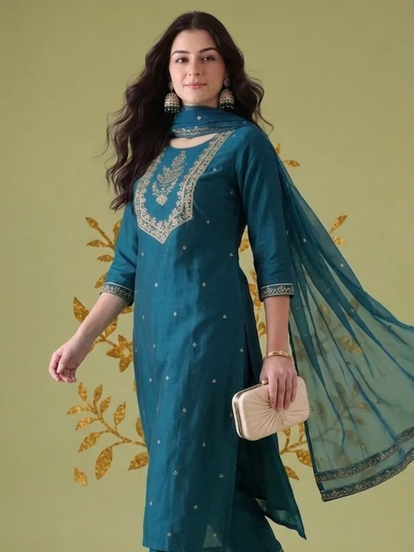 Teal_Embroidered_Straight_Kurta_Set_With_Dupatta_For_Women