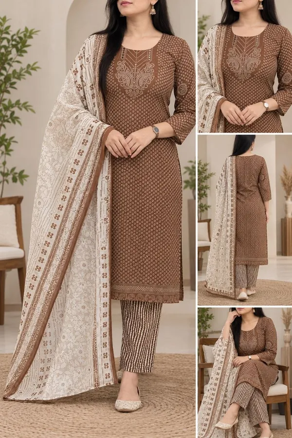 Brown_Printed_Straight_Kurta_Set_With_Dupatta_For_Women