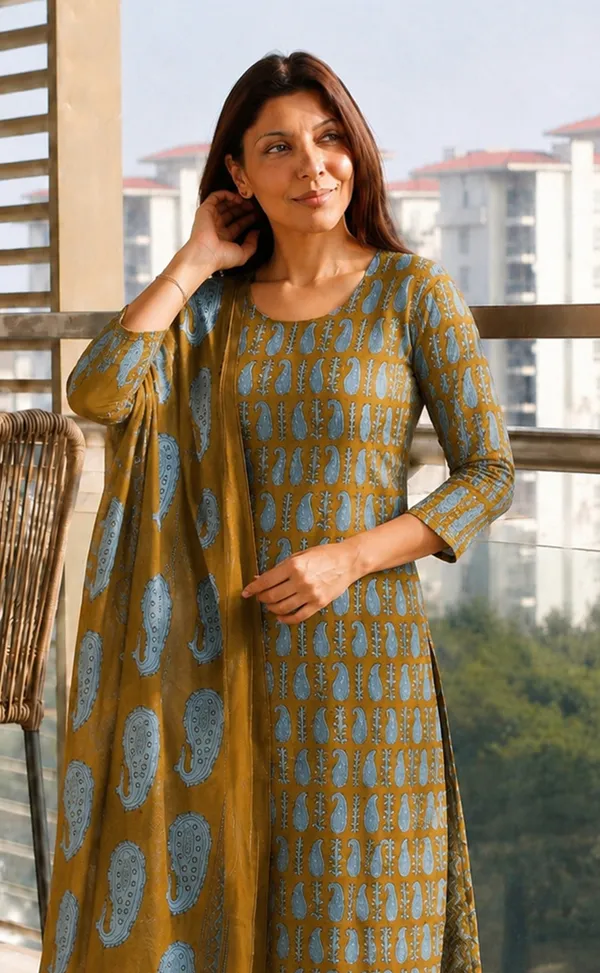 Mustard_Printed_Straight_Kurta_Set_For_Women