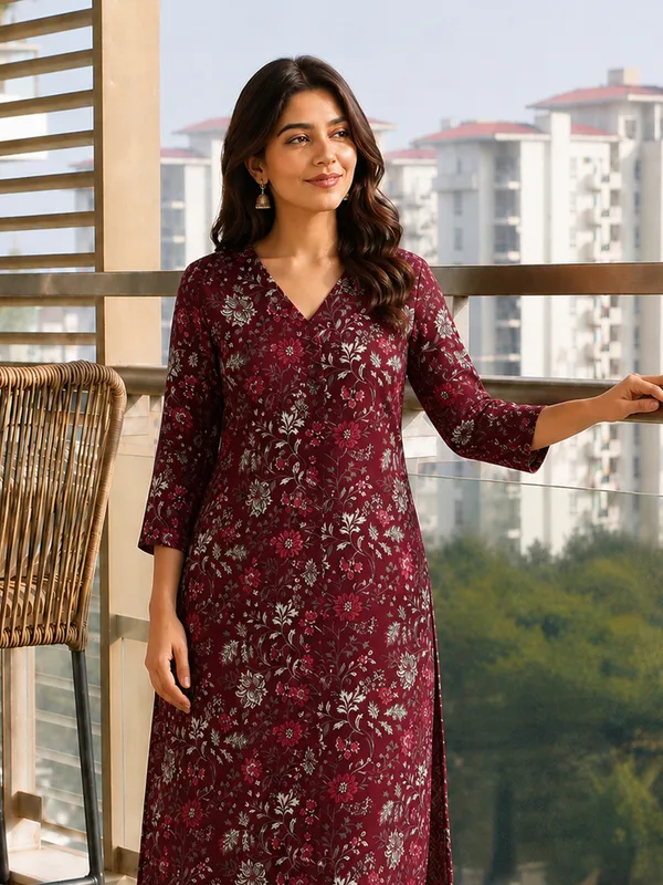 Maroon_Floral_Printed_Straight_Kurta_Set_For_Women