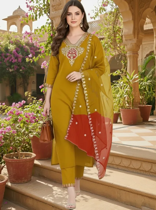 Mustard_Embroidered_Straight_Kurta_Set_For_Women