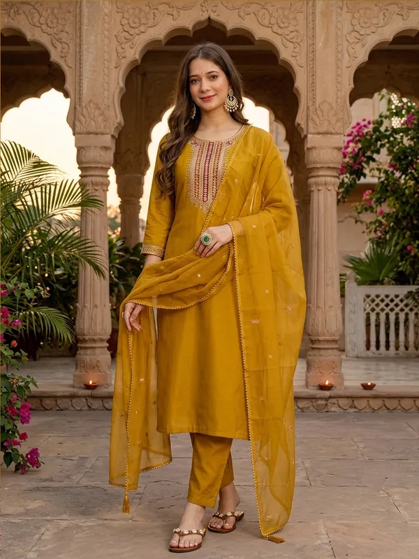 Mustard_Embroidered_Straight_Kurta_Set_For_Women