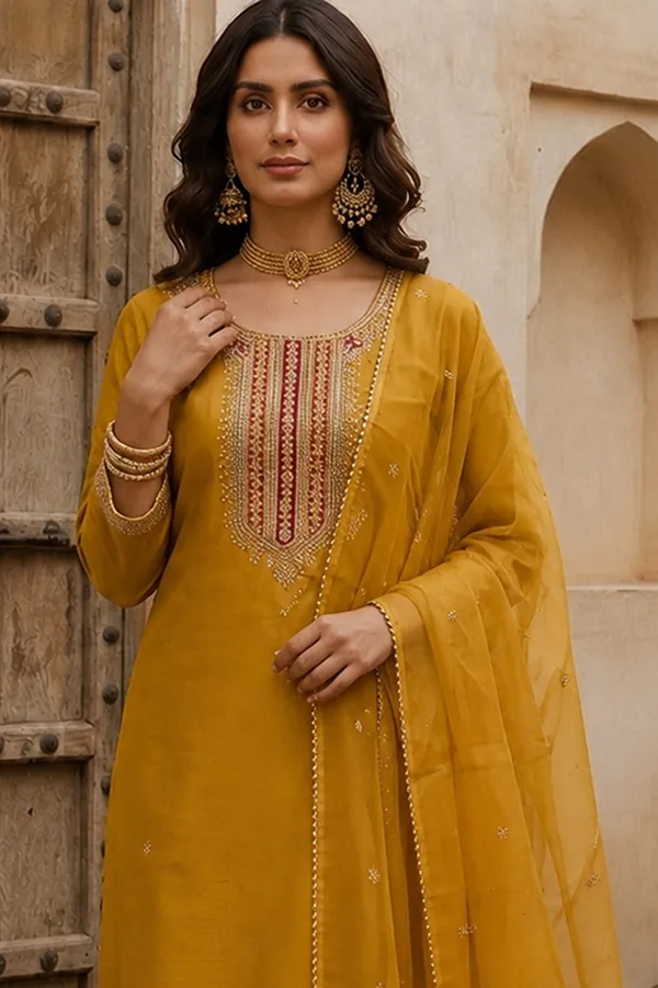 Mustard_Embroidered_Straight_Kurta_Set_For_Women