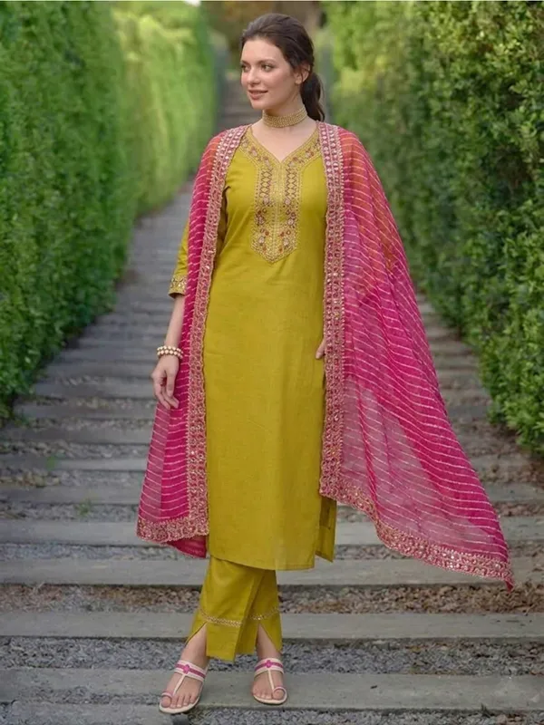 Mustard_Embroidered_Straight_Kurta_Set_For_Women