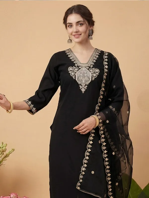 Black_Embroidered_Straight_Kurta_Set_For_Women