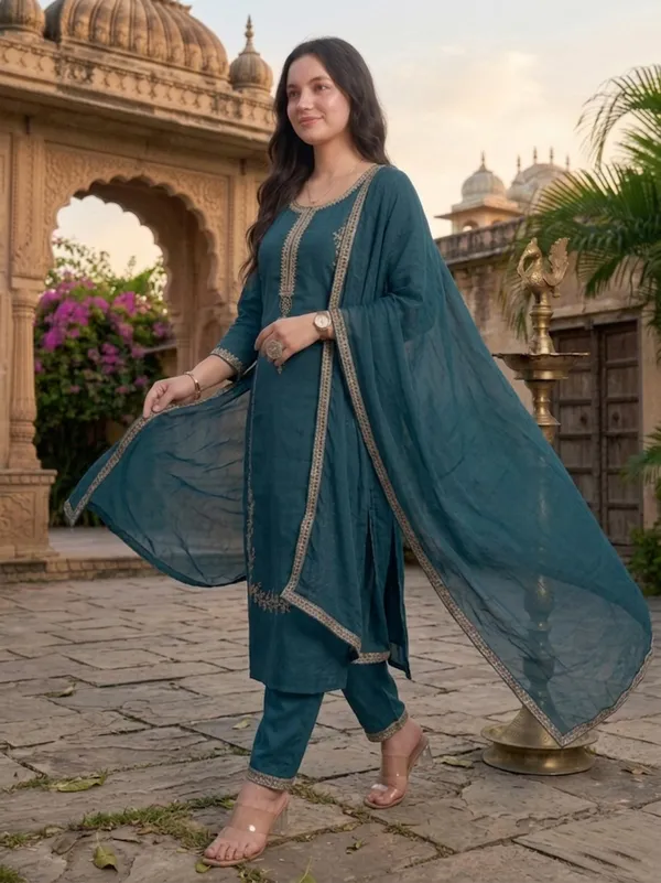 Teal_Embroidered_Straight_Salwar_Suit_Set_For_Women