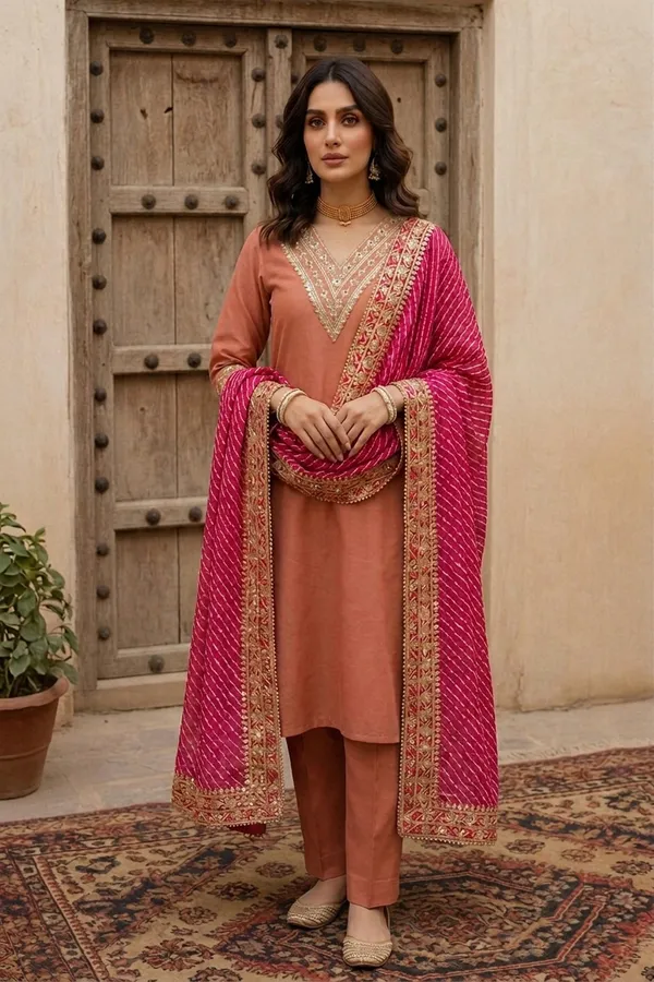 Peach_Embroidered_Straight_Kurta_Set_For_Women