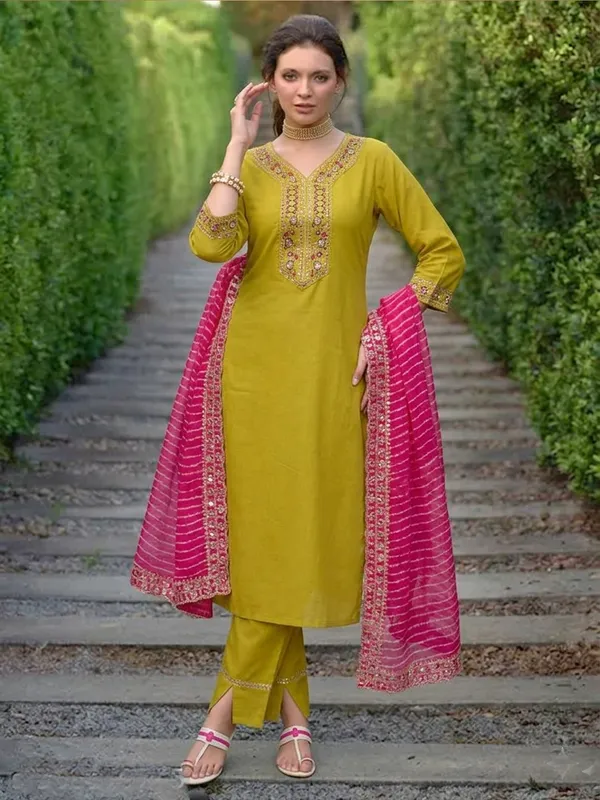 Mustard_Embroidered_Straight_Kurta_Set_For_Women