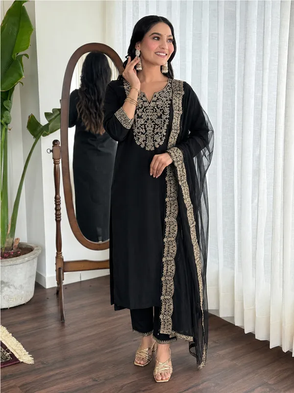 Black_Embroidered_Straight_Kurta_Set_For_Women