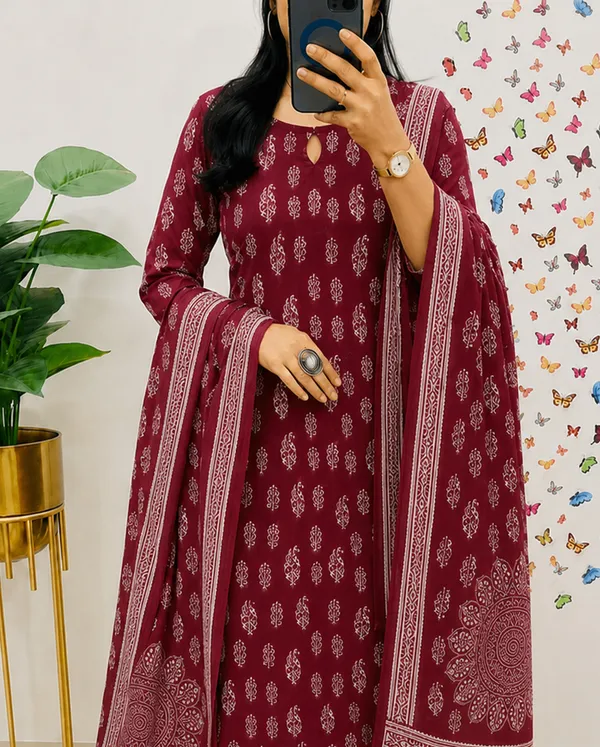 Maroon_Printed_Straight_Kurta_With_Dupatta_For_Women