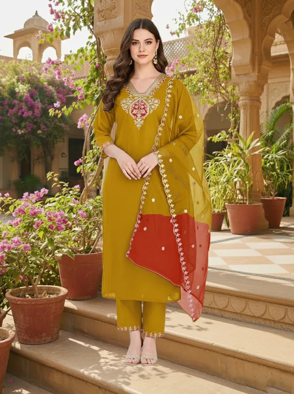 Mustard_Embroidered_Straight_Kurta_Set_For_Women