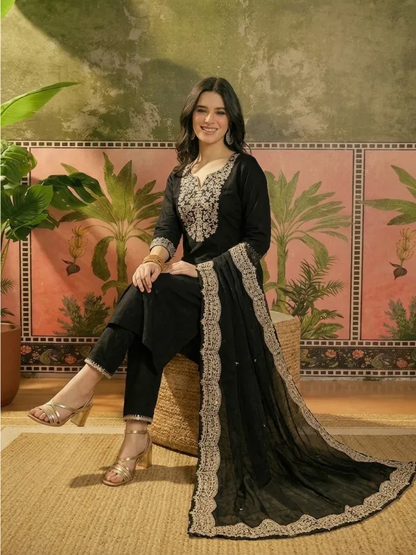 Black_Embroidered_Straight_Kurta_Set_For_Women