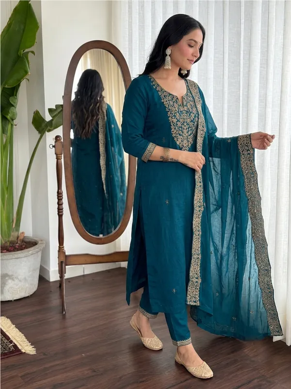 Teal_Embroidered_Straight_Salwar_Suit_Set_For_Women