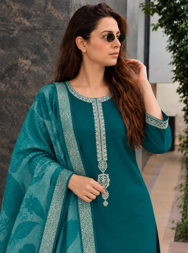 Teal_Embroidered_Straight_Kurta_Set_For_Women