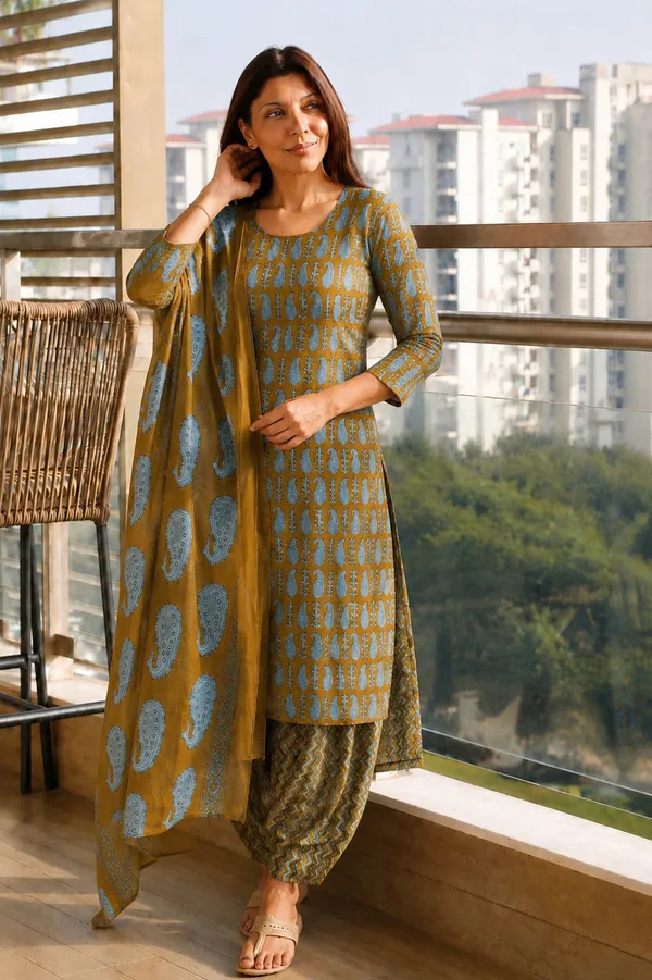 Mustard_Printed_Straight_Kurta_Set_For_Women