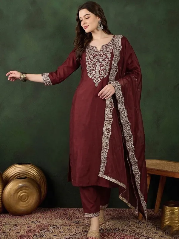 Maroon_Embroidered_Straight_Kurta_Set_For_Women