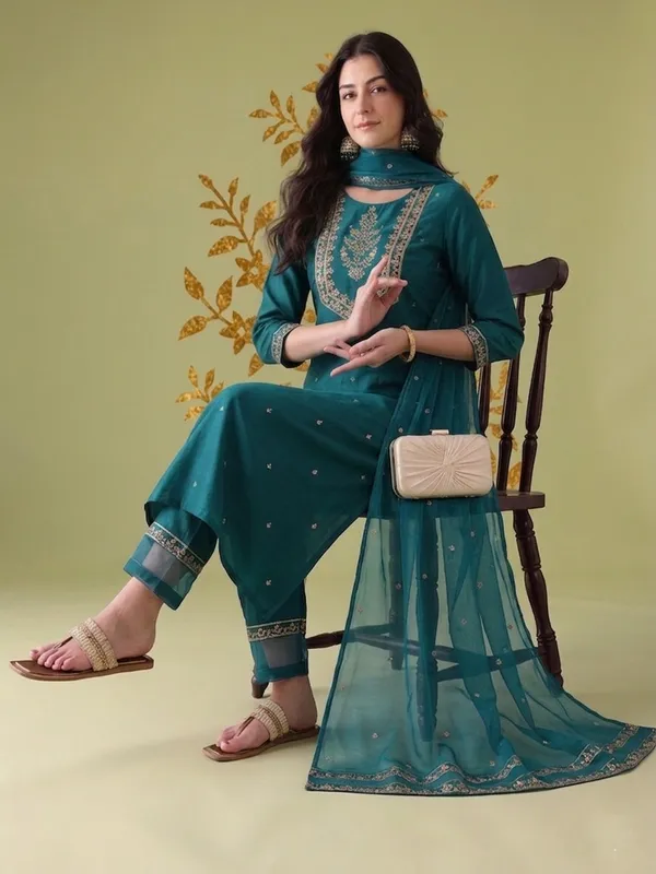 Teal_Embroidered_Straight_Kurta_Set_With_Dupatta_For_Women