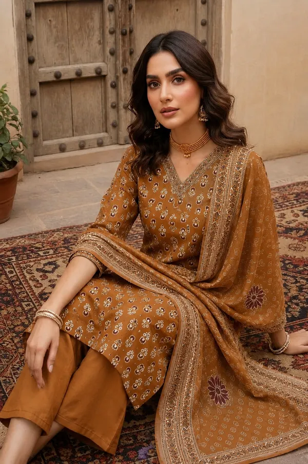 Mustard_Brown_Floral_Printed_Straight_Kurta_Set_For_Women