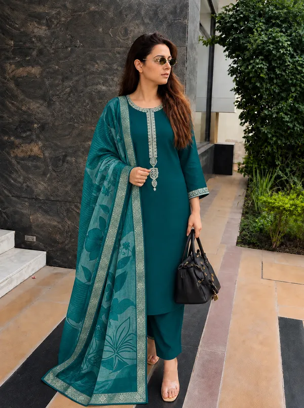 Teal_Embroidered_Straight_Kurta_Set_For_Women
