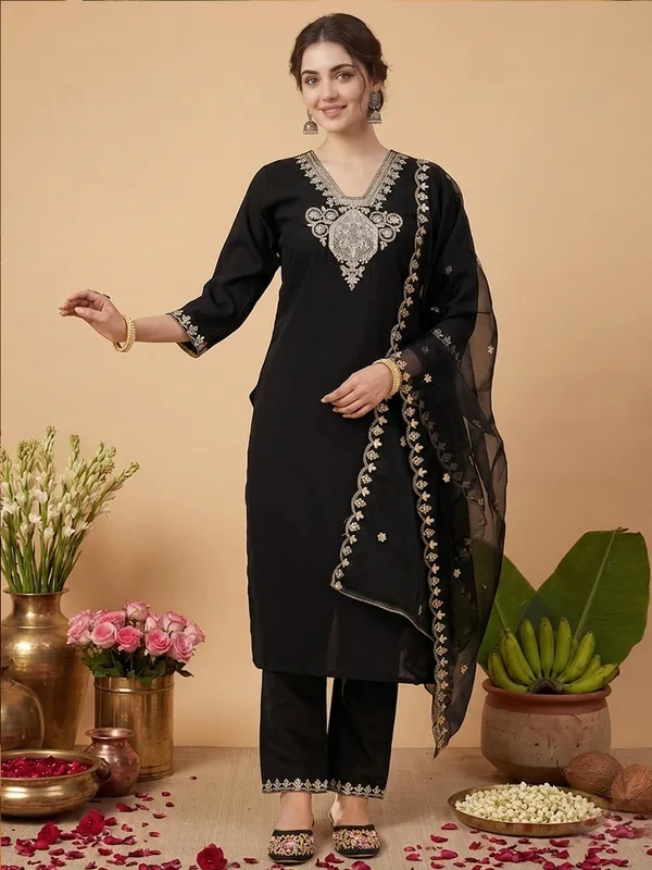 Black_Embroidered_Straight_Kurta_Set_For_Women