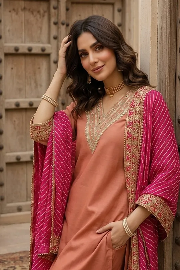 Peach_Embroidered_Straight_Kurta_Set_For_Women