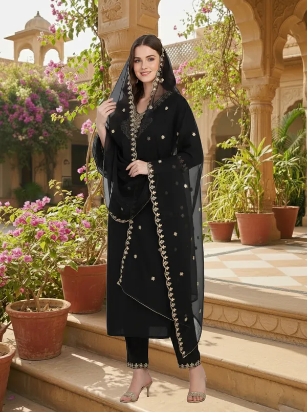 Black_Embroidered_Straight_Kurta_Set_For_Women