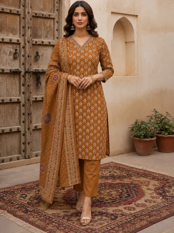 Mustard_Brown_Floral_Printed_Straight_Kurta_Set_For_Women