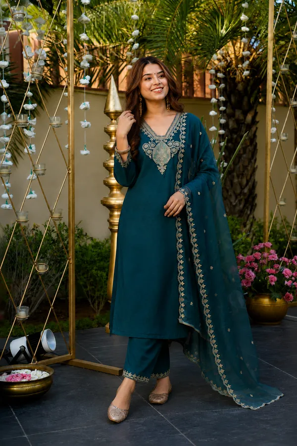Teal_Embroidered_Straight_Kurta_Set_For_Women