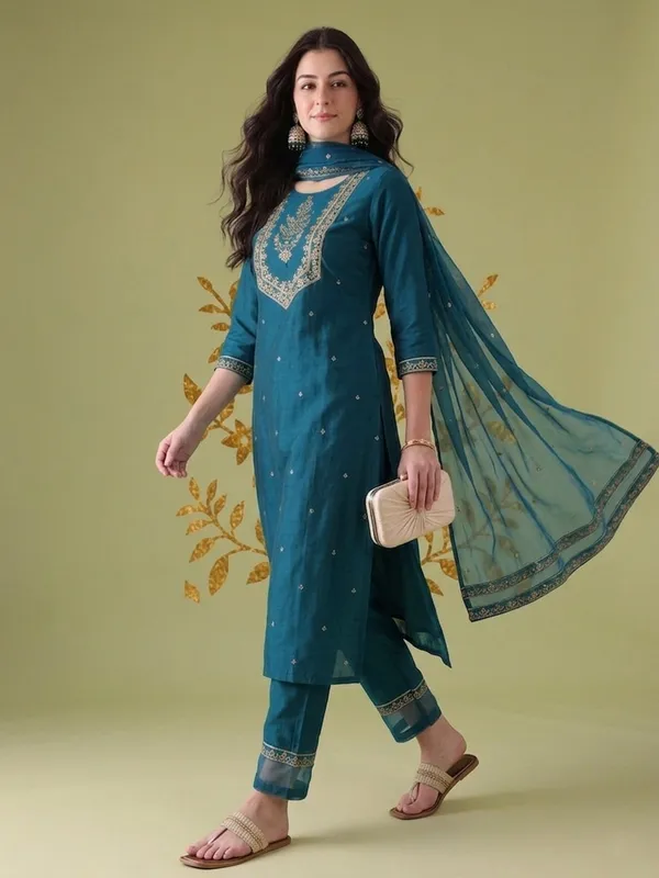 Teal_Embroidered_Straight_Kurta_Set_With_Dupatta_For_Women