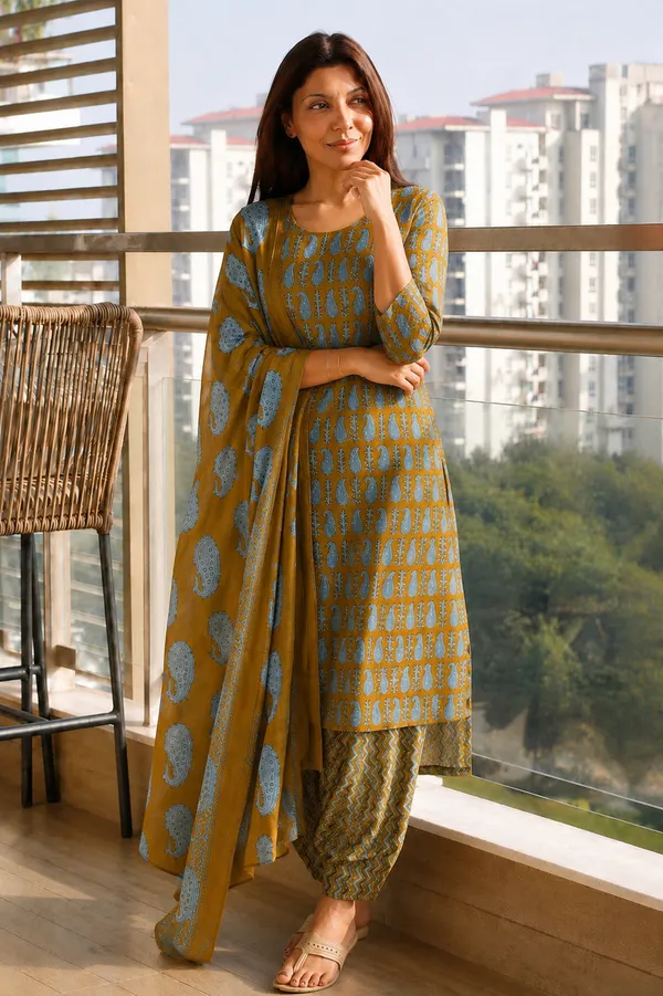Mustard_Printed_Straight_Kurta_Set_For_Women
