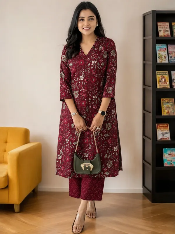 Maroon_Floral_Printed_Straight_Kurta_Set_For_Women