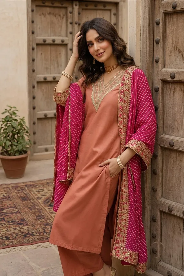 Peach_Embroidered_Straight_Kurta_Set_For_Women