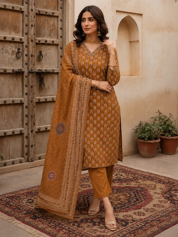 Mustard_Brown_Floral_Printed_Straight_Kurta_Set_For_Women