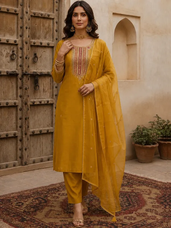 Mustard_Embroidered_Straight_Kurta_Set_For_Women