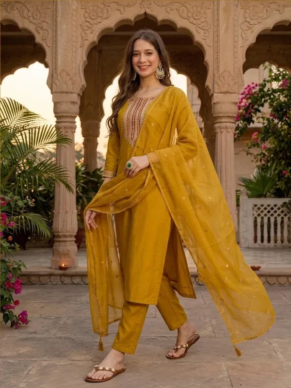 Mustard_Embroidered_Straight_Kurta_Set_For_Women