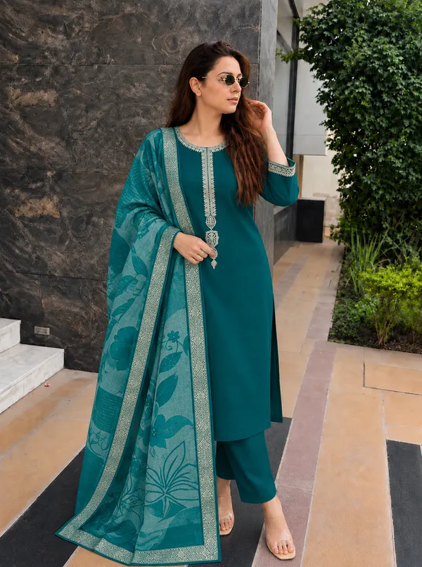 Teal_Embroidered_Straight_Kurta_Set_For_Women