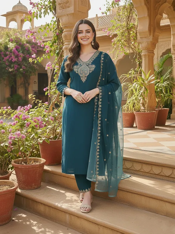 Teal_Embroidered_Straight_Kurta_Set_For_Women