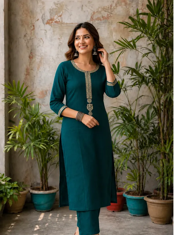 Teal_Embroidered_Straight_Kurta_Set_For_Women
