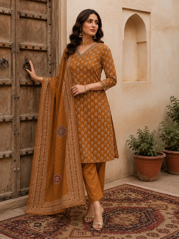 Mustard_Brown_Floral_Printed_Straight_Kurta_Set_For_Women