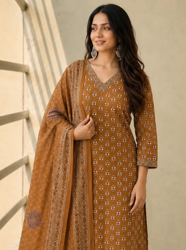 Mustard_Brown_Floral_Printed_Straight_Kurta_Set_For_Women