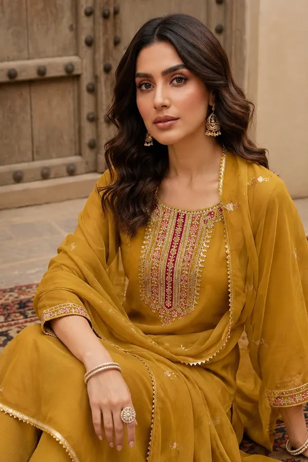 Mustard_Embroidered_Straight_Kurta_Set_For_Women