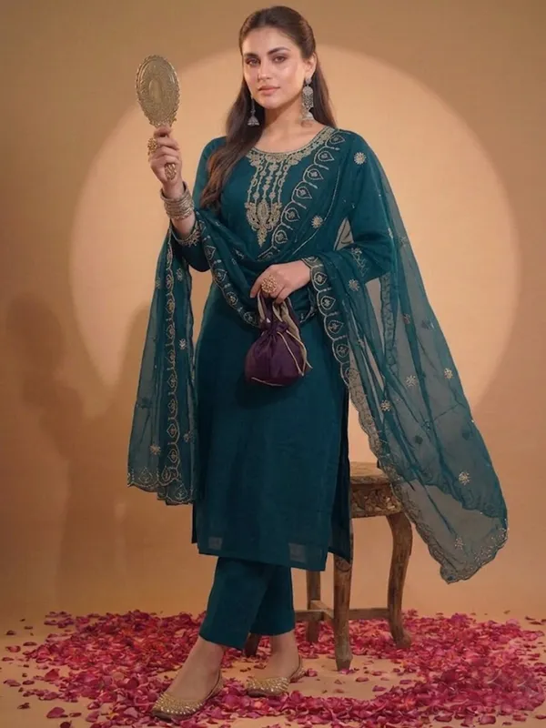 Teal_Embroidered_Straight_Kurta_Set_For_Women